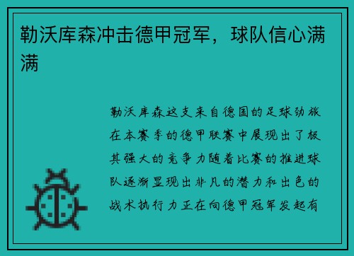 勒沃库森冲击德甲冠军，球队信心满满