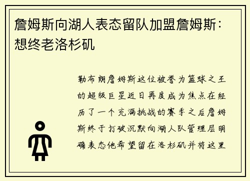 詹姆斯向湖人表态留队加盟詹姆斯：想终老洛杉矶